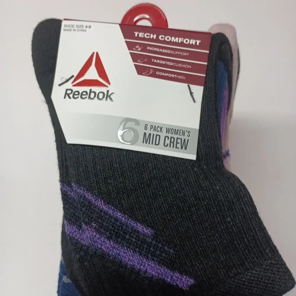 Reebok Tech Comfort Target Cushion Mid Crew Women's Socks Size 4-9 6 Pair Assort